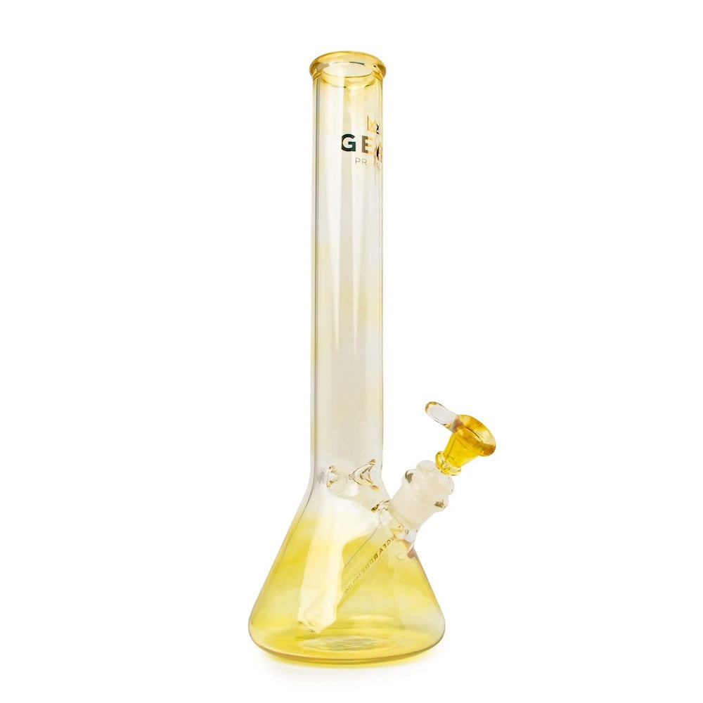 Color changing glass water pipe with a white base on a white background
