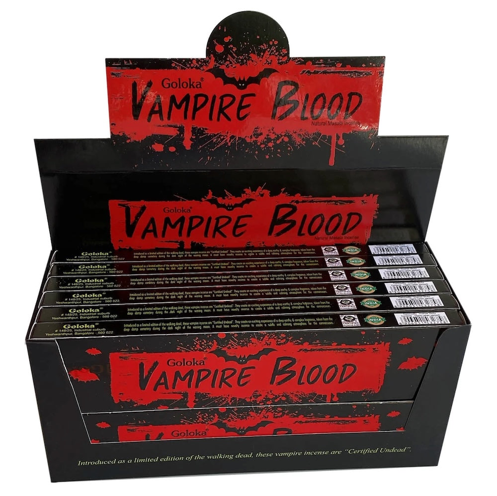 Display of Golema Vampire Blood boxes with red and black design.