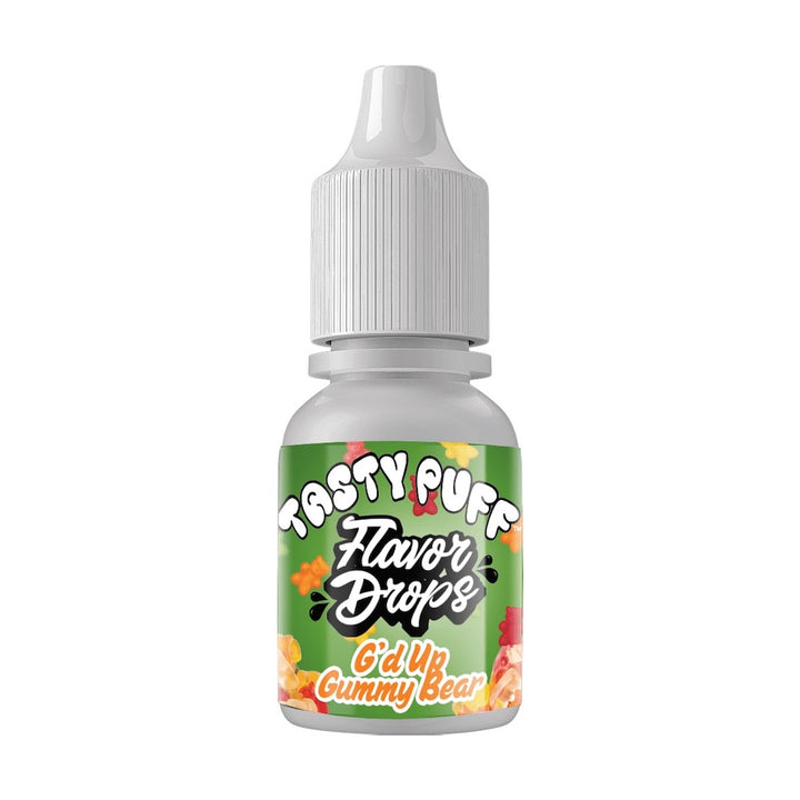 Bottle of Tasty Puff g'd up gummy bear Flavor Drops with a green label on a white background