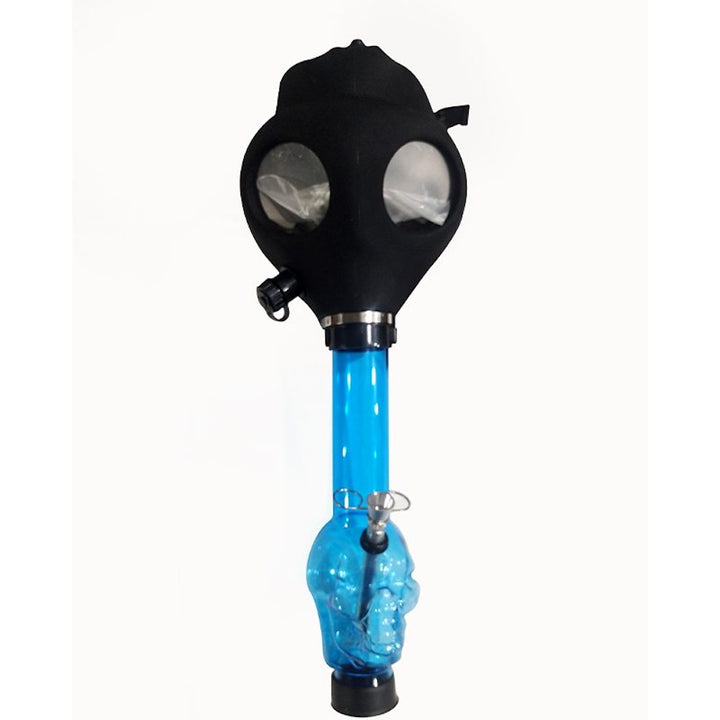 Black gas mask with blue acrylic bong on a white background