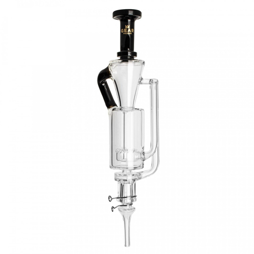 Clear glass water pipe with black top on a white background