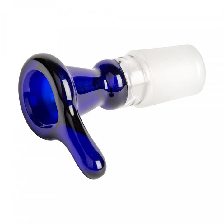 Blue glass bong bowl with white accent on a white background
