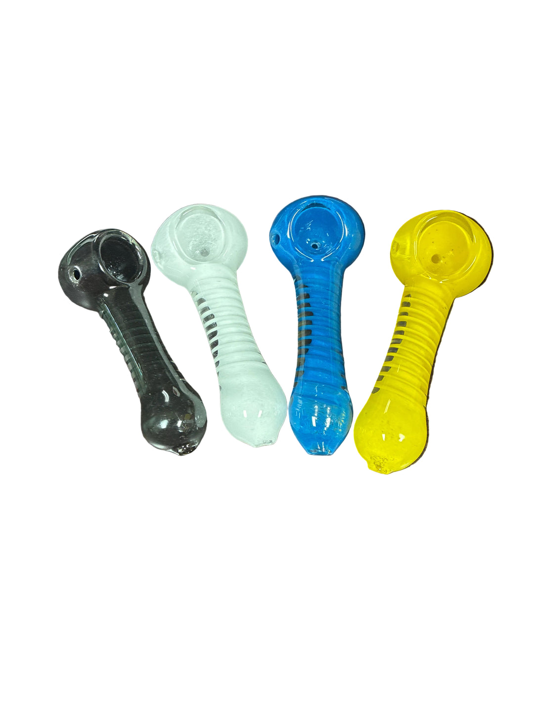 Four translucent glass pipes in black, white, blue, and yellow, arranged in a row on a plain white background.