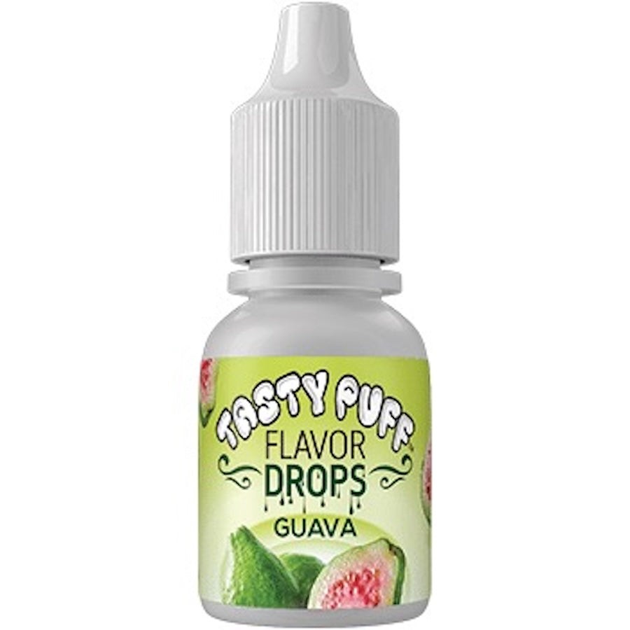 Bottle of Tasty Puff Flavor Drops Guava on a white background
