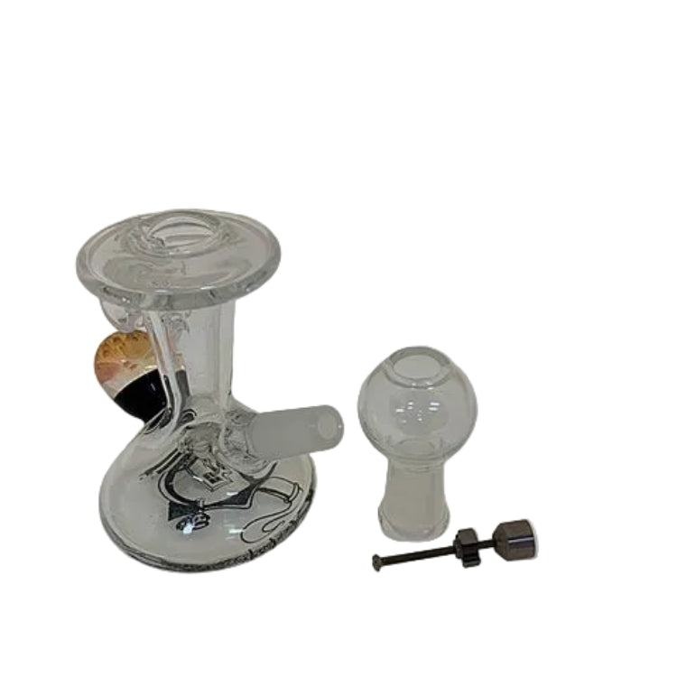 Glass smoking apparatus with components on a white background