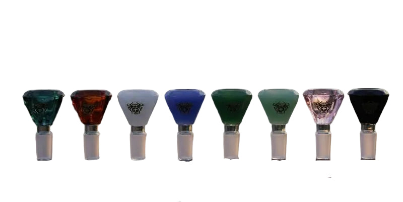 Set of colourful glass bong bowls on a white background.
