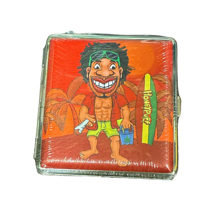 small rectangular cigarette case with a rasta man and surf board on white backround