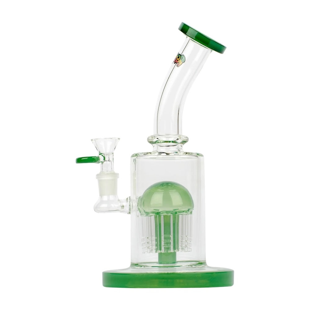 Glass water pipe with green accents on a white background