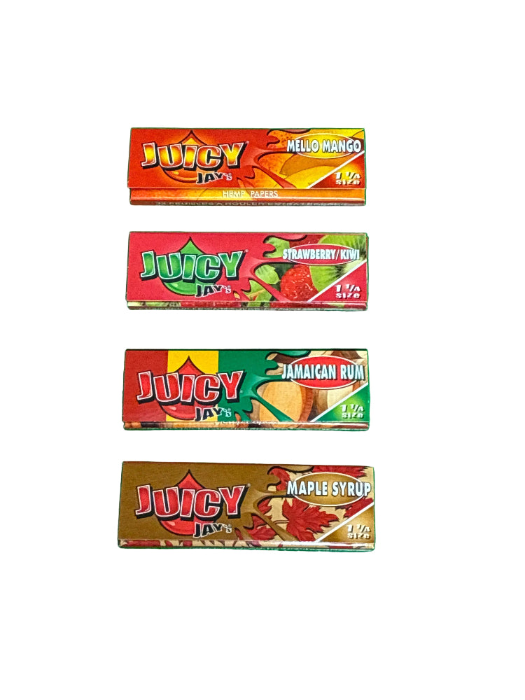 Four packages of Juicy Jay's rolling paper on a white background