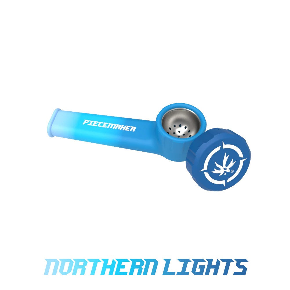 Blue silicone smoking pipe with 'Piecemaker' branding on a white background