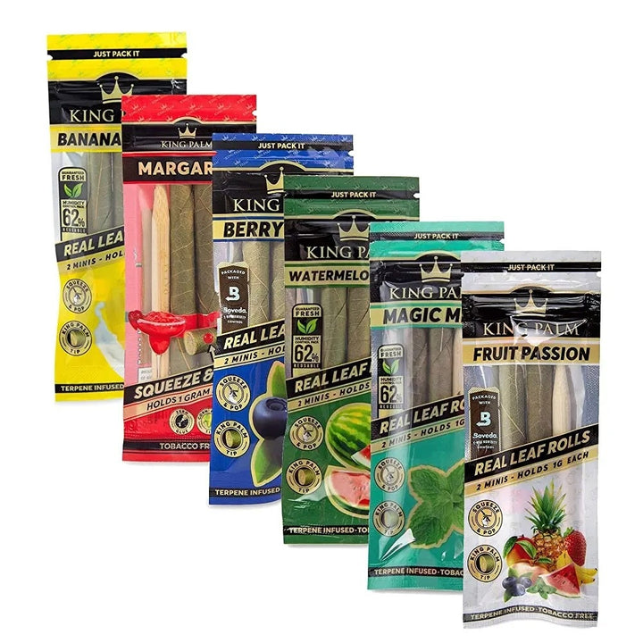 Assorted packages of King palm brand products on a white background