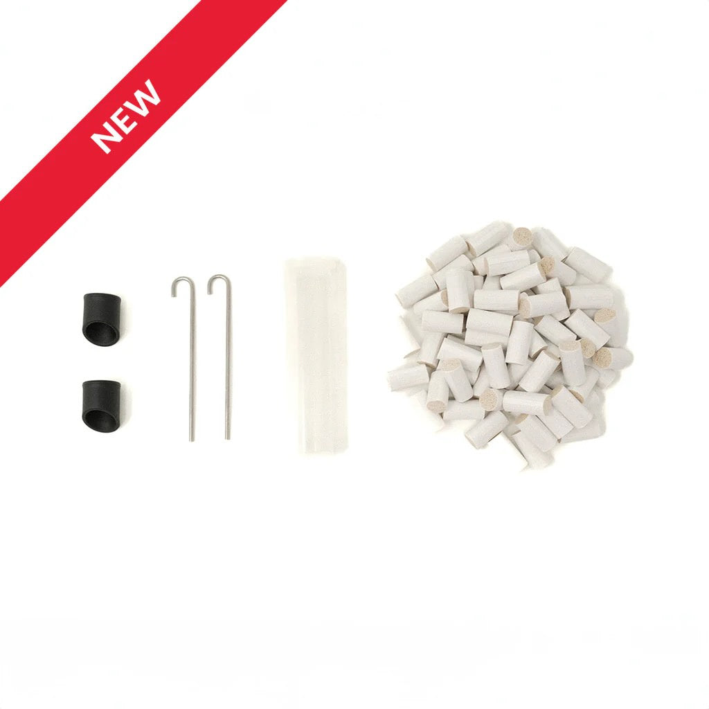 Set of white hemp filters , black caps, and metal hooks on a white background with a red 'NEW' label.
