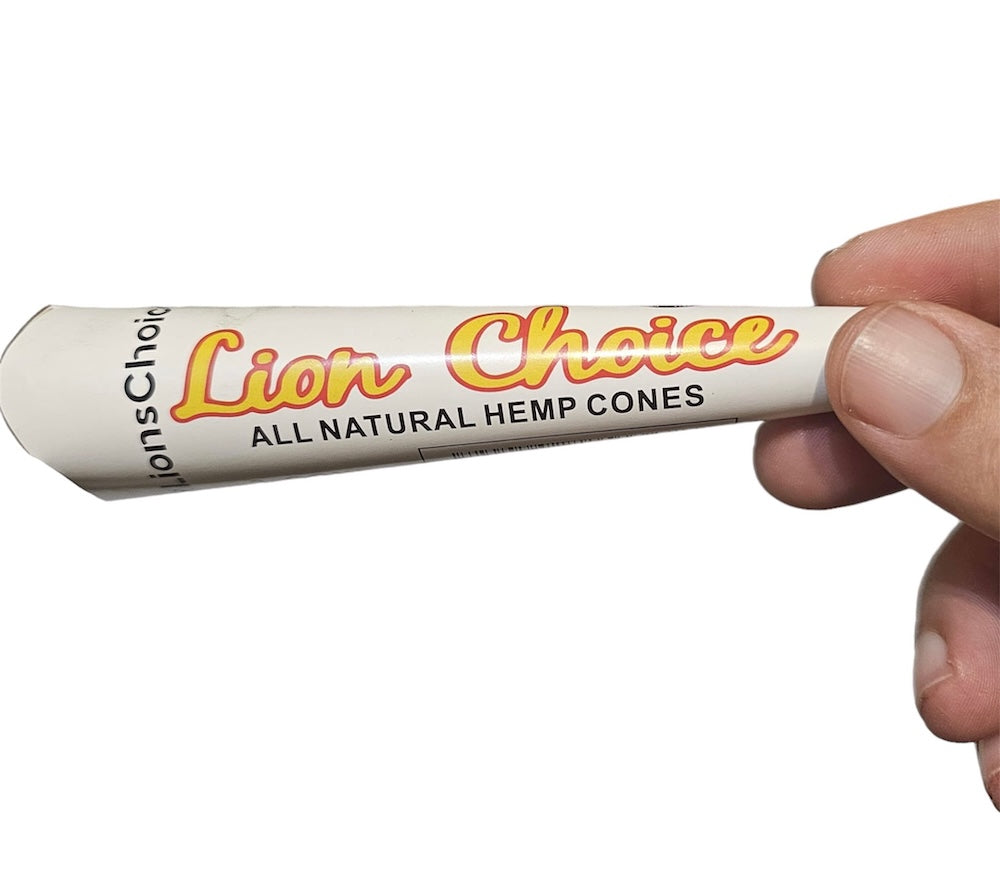 Lion Choice all natural hemp cones packaging held by a hand on a white background