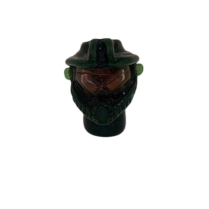 Green helmet with visor on a white background