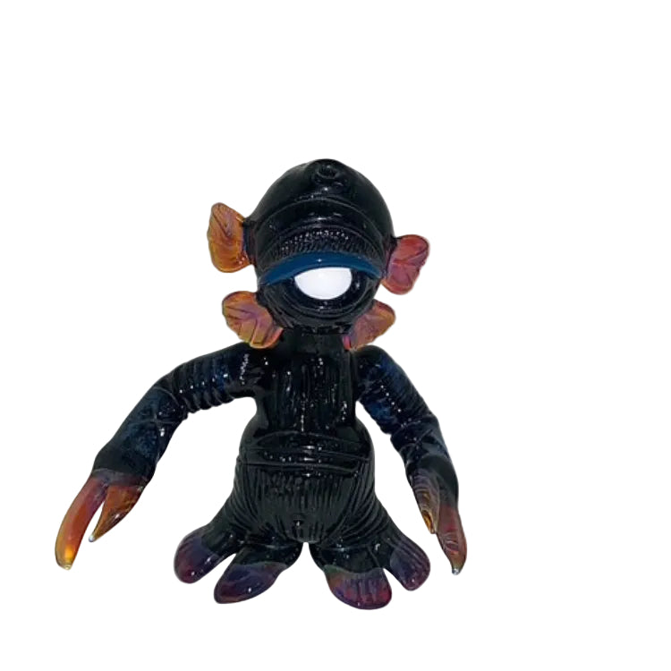 Black alien-like figure with orange and purple accents on a white background
