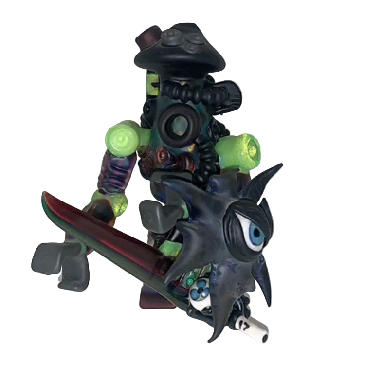 Toy figure with a helmet and goggles holding a skateboard on a white background
