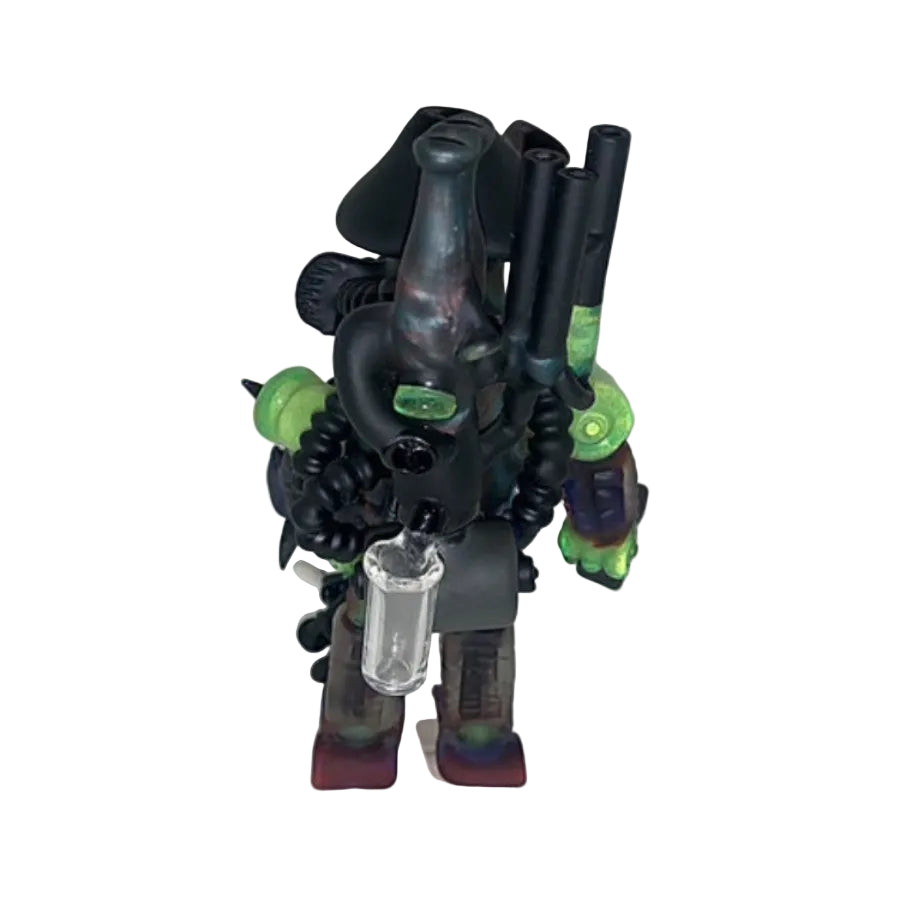Toy figure with black and green design on a white background