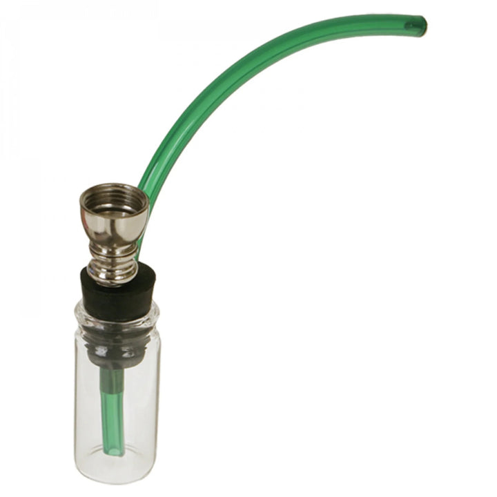 A small glass water pipe with a small hose on a white background
