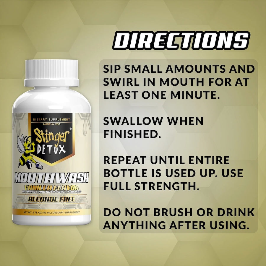 Stinger Detox mouthwash bottle with usage instructions on a beige background