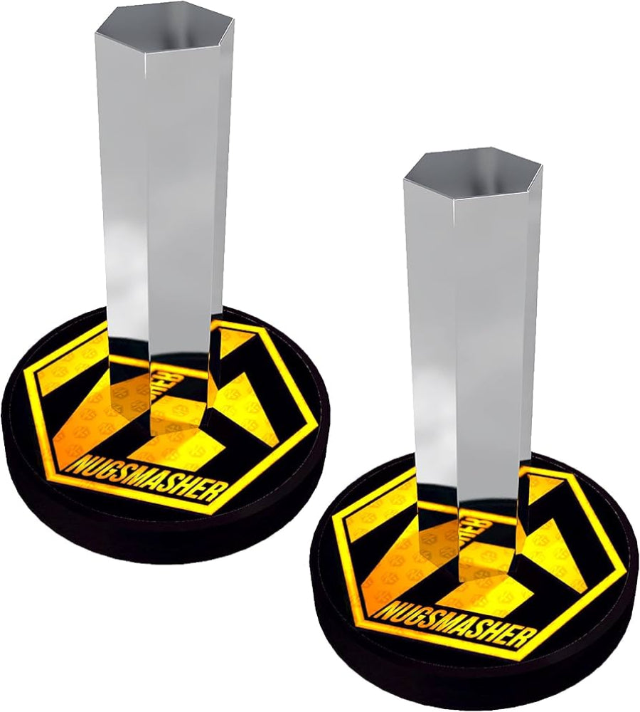 Two 'Nugsmasher' products with clear stands on a white background