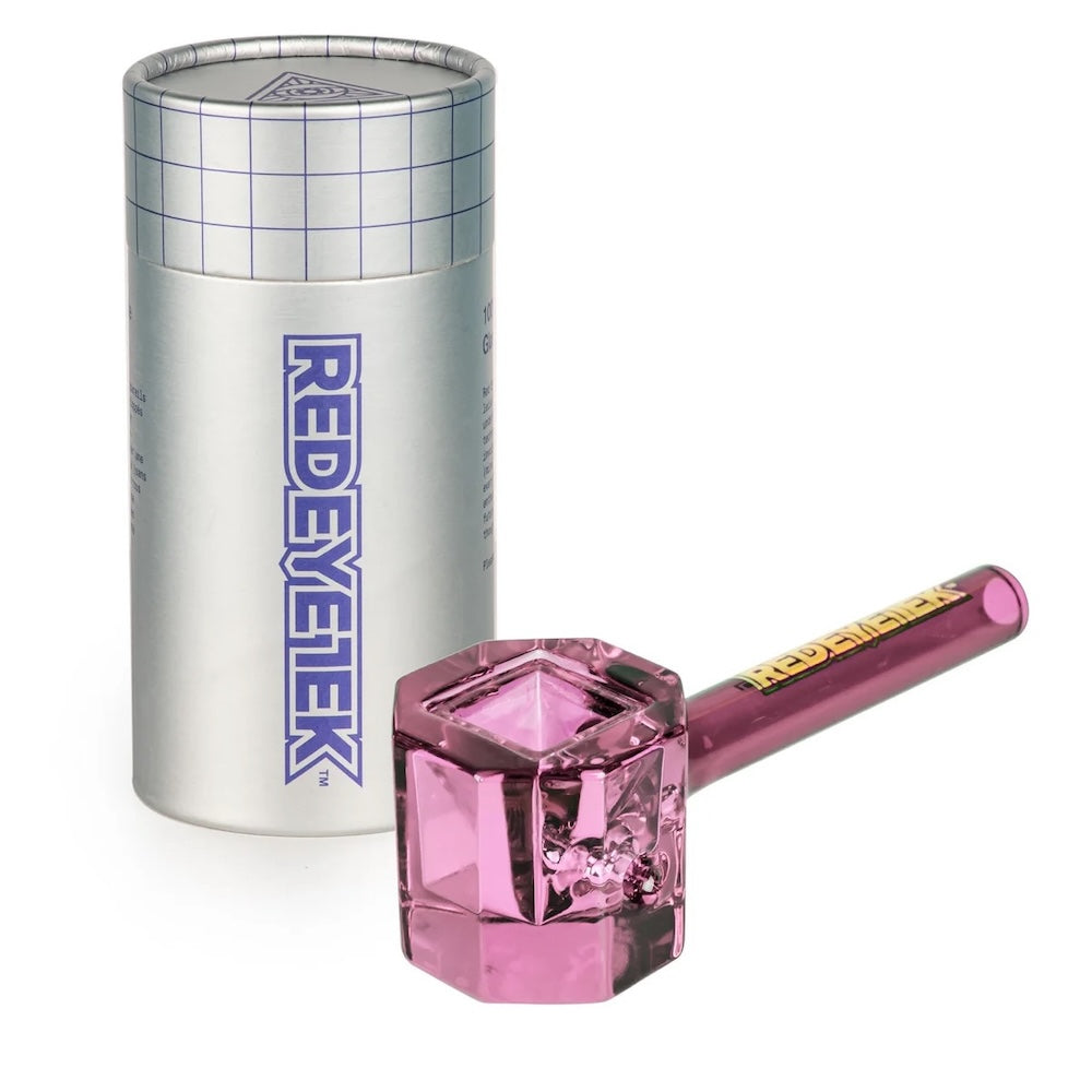 Pink smoking pipe with 'RedEyeTek' branding next to a silver cylindrical container on a white background.