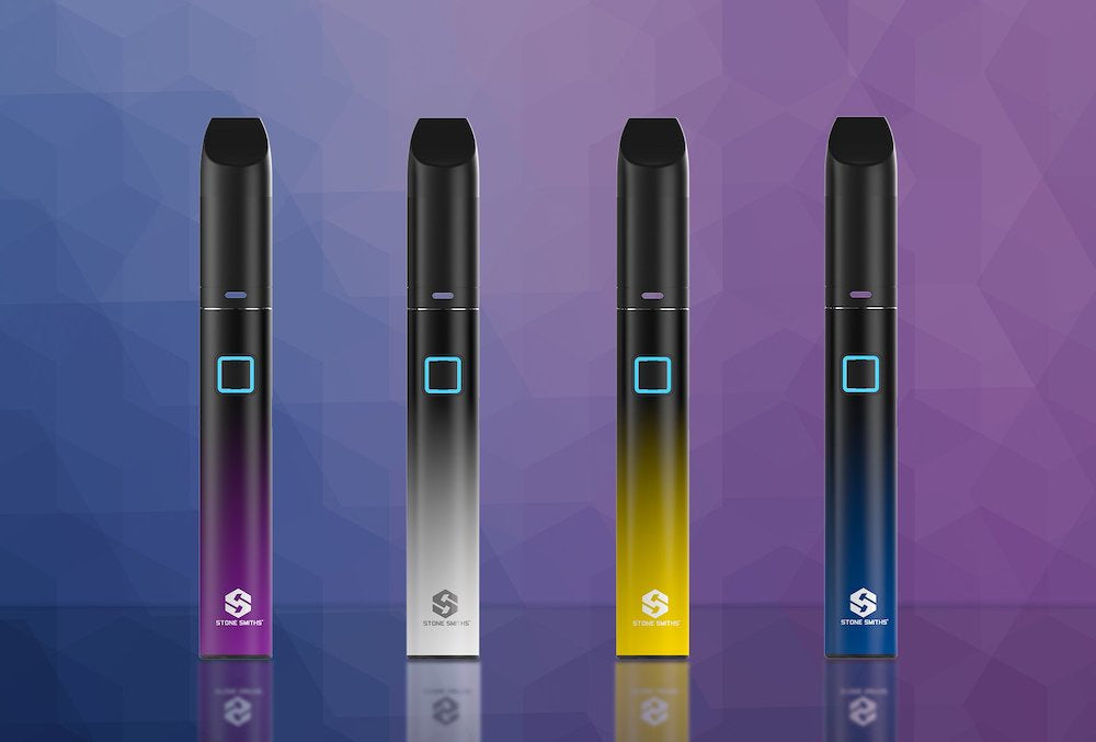 Four electronic devices with colorful gradient designs on a geometric patterned background