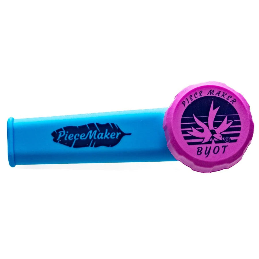 a bright blue pipe with a bright pink lid with a piecemaker logo on a white background