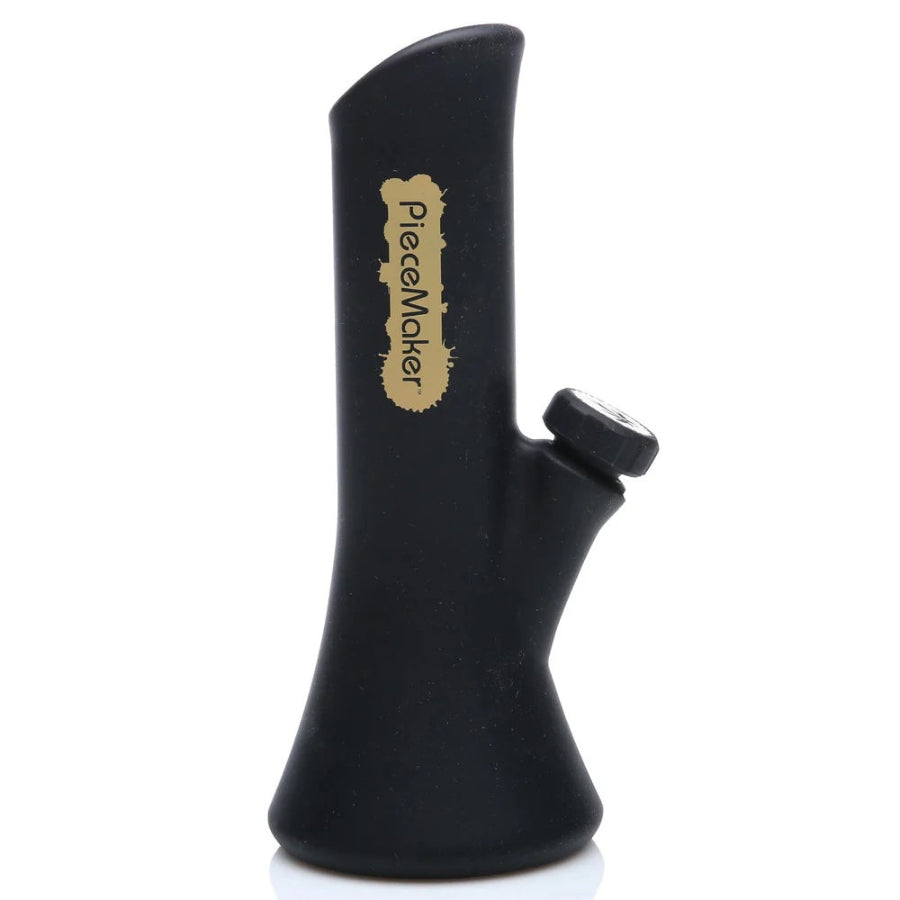 A black silicone bong with a piecemaker logo on a white background