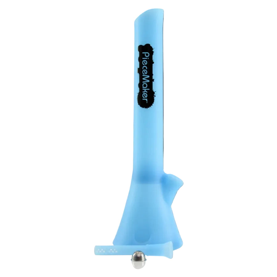 a light blue silicone bong with the piecemaker logo on it on a white background