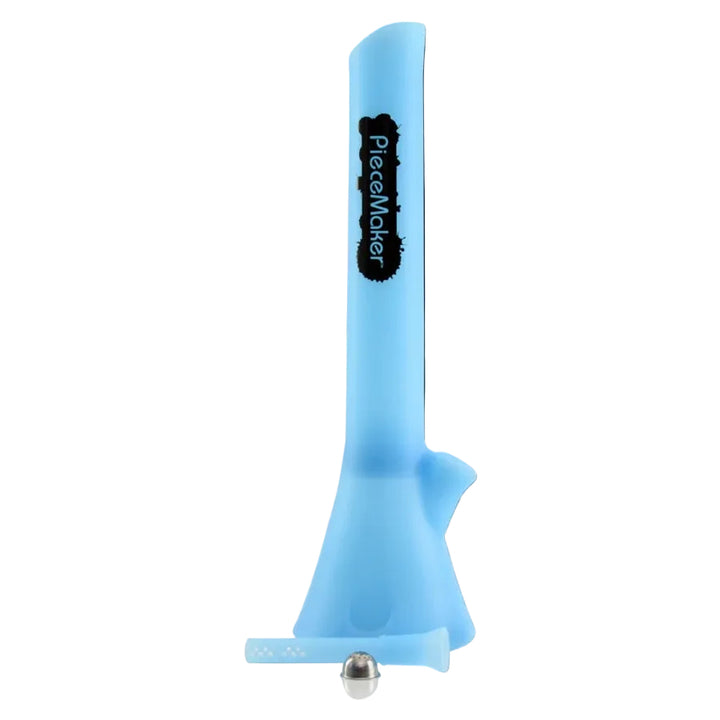 a light blue silicone bong with the piecemaker logo on it on a white background