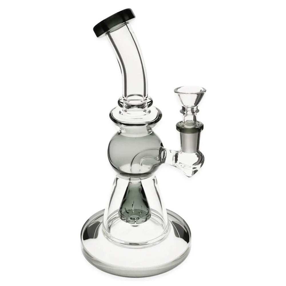 Clear glass water pipe with black accent on a white background
