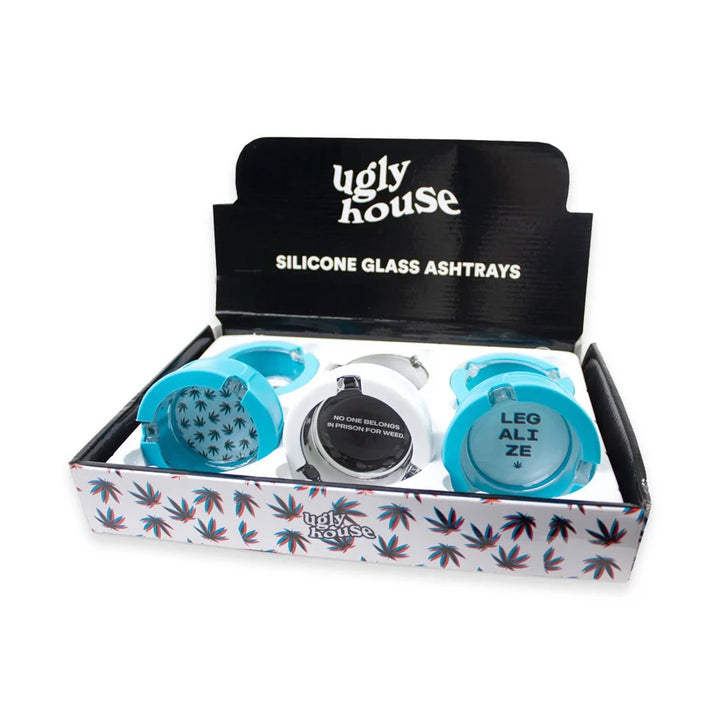 Ugly House silicone glass ashtrays set in a branded box on a white background