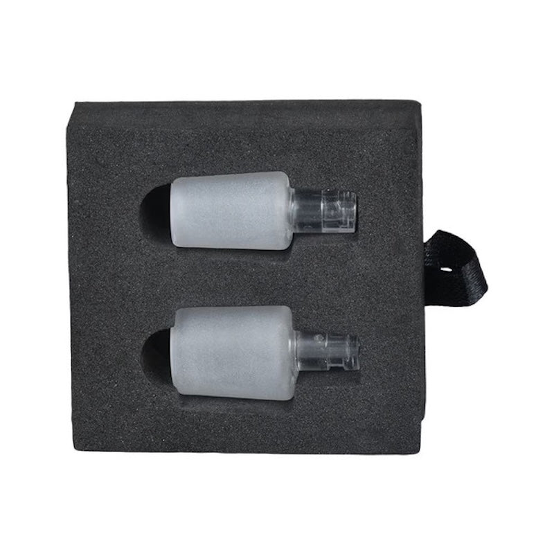 Two glass on glass nozzles in a black foam packaging on a white background