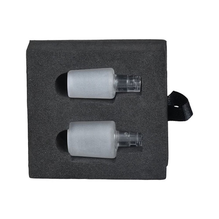 Two glass on glass nozzles in a black foam packaging on a white background