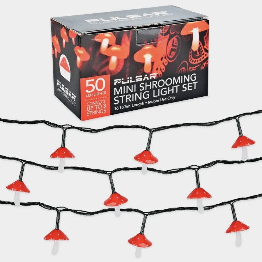 Pulsar mini shrooming string light set with packaging on a white background