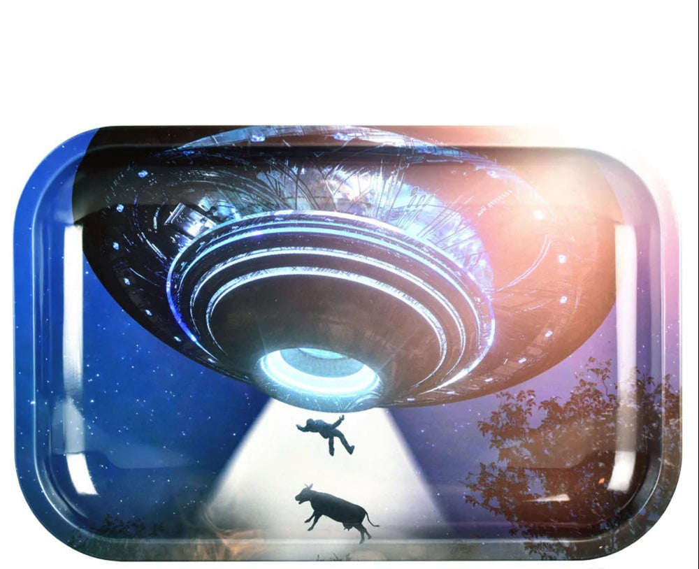 Metal tray with a UFO design and 'PULSAR' branding on a white background