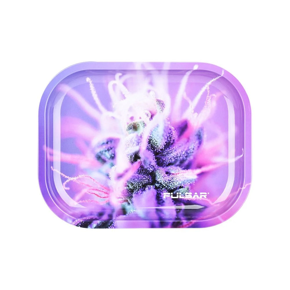 Purple cannabis rolling tray with a vibrant design on a white background