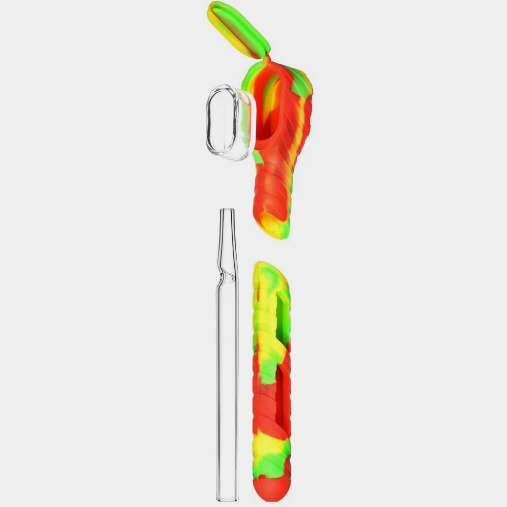 Colourful silicone dab straw holder with a quartz straw on a white background