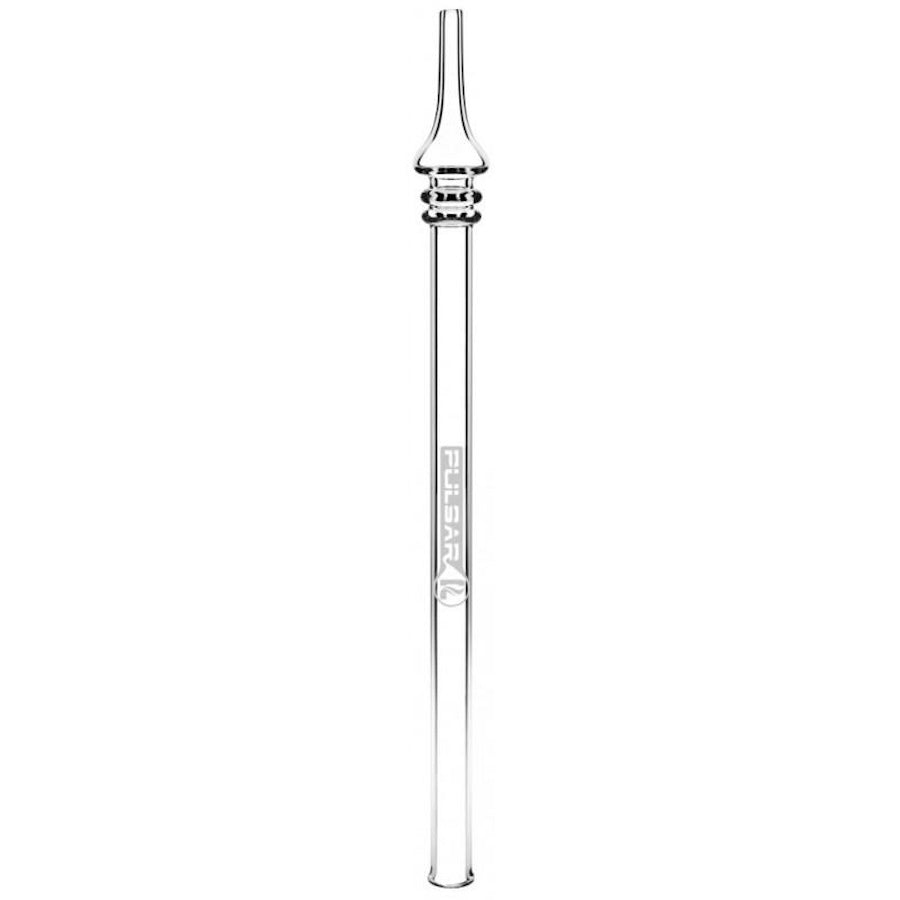Clear glass dab straw smoking accessory with decorative top on a white background