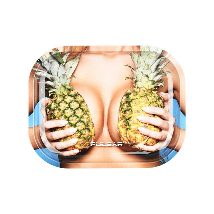 a pulsar rolling tray of a woman holding pineapples on a white background