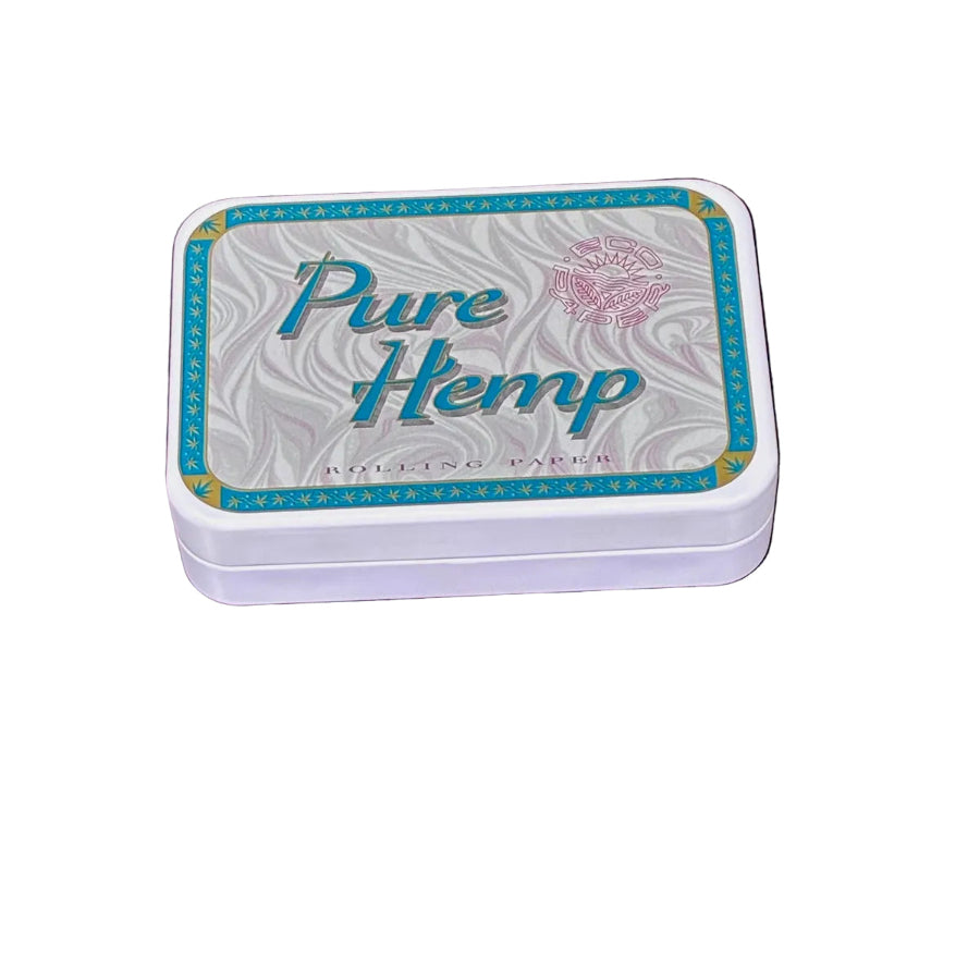 A metal stash tin with a pure hemp logo on a white background