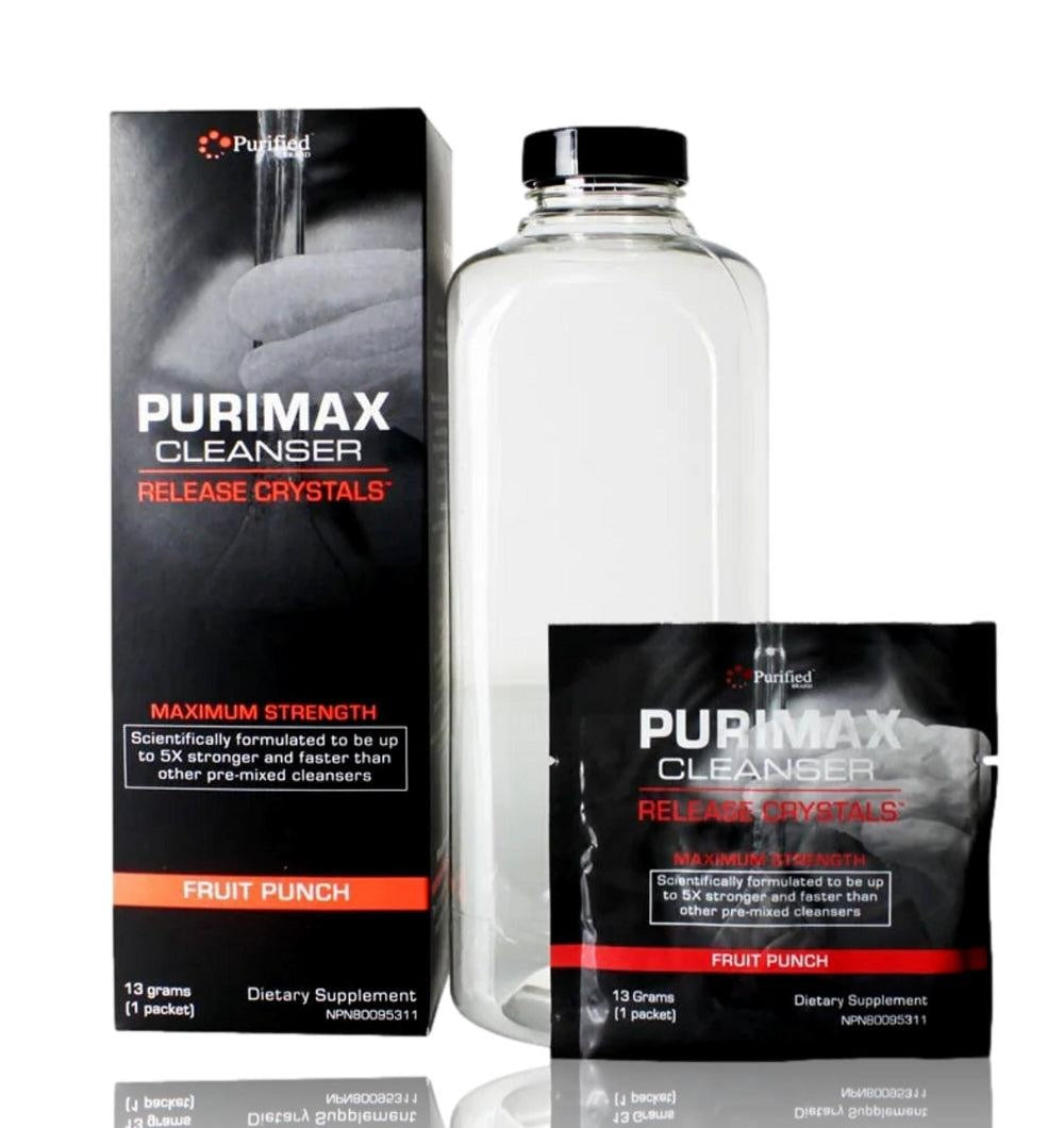 PURIMAX Cleanser packaging including bottle, box, and packets on a white background