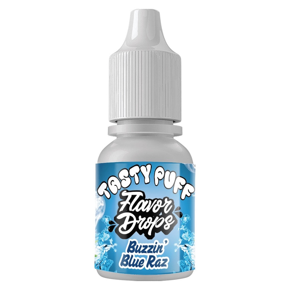 Bottle of buzzin blue razz Tasty Puff Flavor Drops with a blue label on a white background