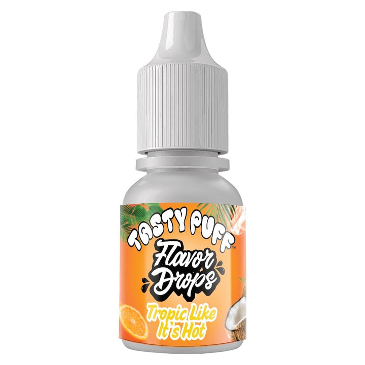 Bottle of tropic like its hot Tasty Puff Flavor Drops with a tropical design on an orange label.