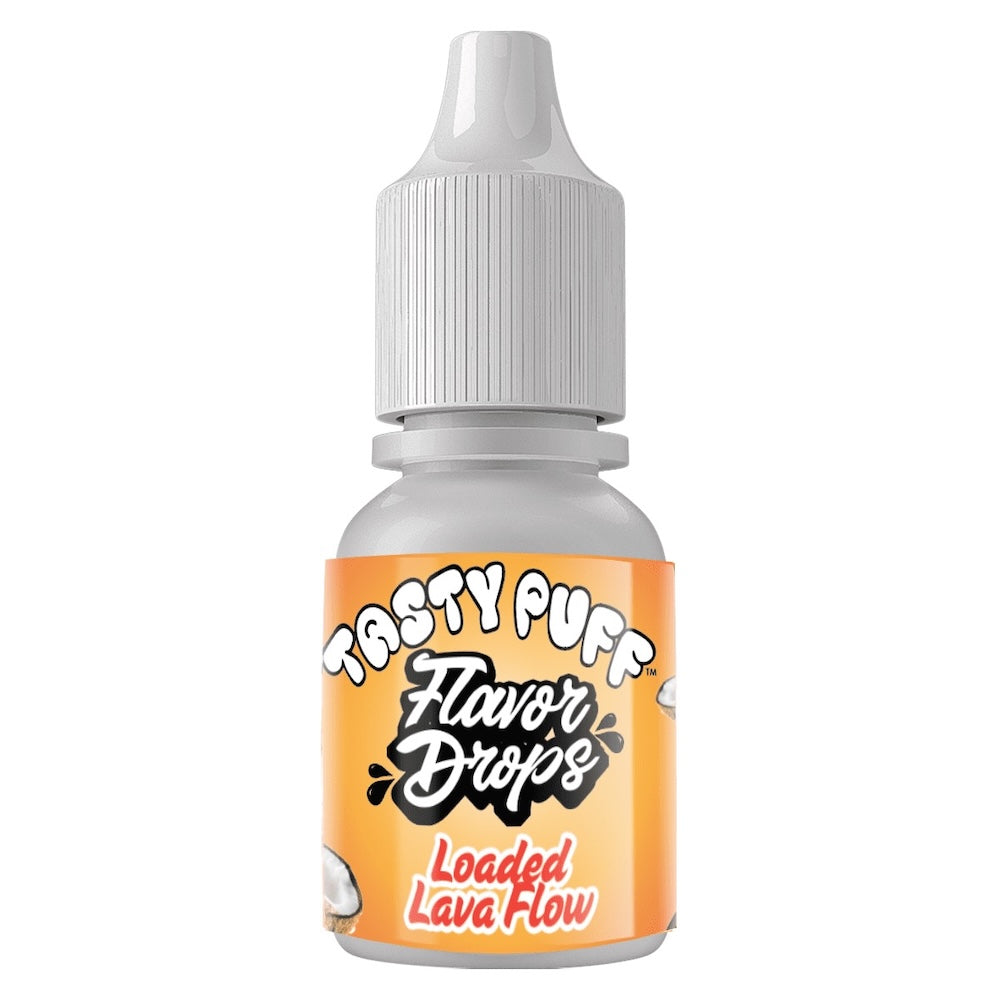 Bottle of loaded lava flow Tasty Puff Flavor Drops with orange label on a white background