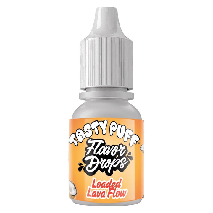 Bottle of loaded lava flow Tasty Puff Flavor Drops with orange label on a white background