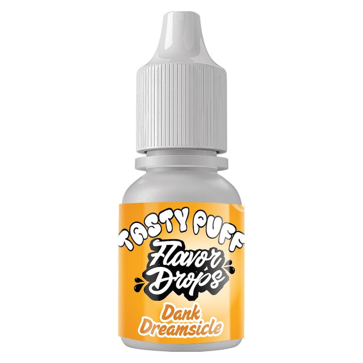Bottle of Tasty Puff dank dreamsicle Flavor Drops with a yellow label on a white background