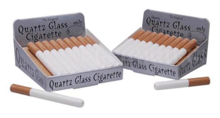 Two boxes of Quartz Glass Cigarettes with cigarettes and glass pieces on a white background.