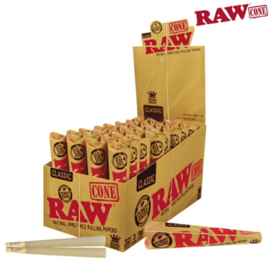 Display of Raw rolling cones with packaging on a white background