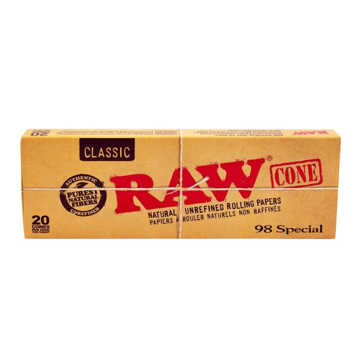 Box of Raw Classic 98 special cones on a white background